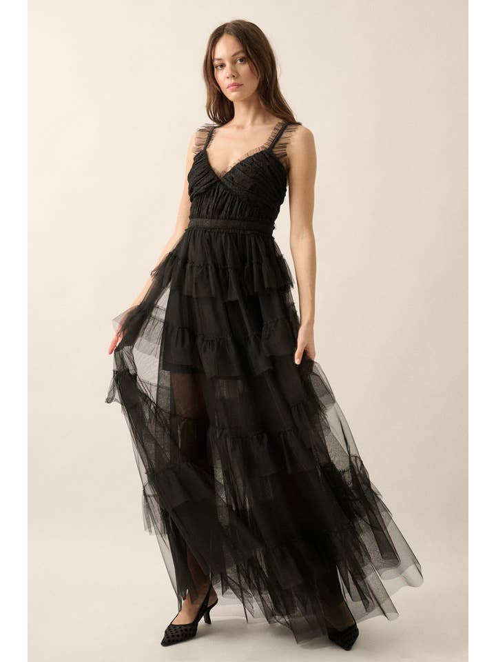 Promesa USA - Wholesale Dress - Women's - Floral Lace and Tulle Tiered Ruffle Maxi Dress