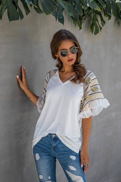 Supreme Fashion - Wholesale Blouse - Women's - Splicing Print V Neck Ruffle Elegant Top5