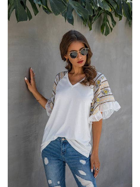 Supreme Fashion - Wholesale Blouse - Women's - Splicing Print V Neck Ruffle Elegant Top5