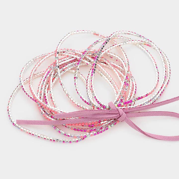 Sensibling Corp. - Wholesale Tennis Bracelet - 12PCS - Ribbon Colorful Rhinestone Layered Stretch Bracelets