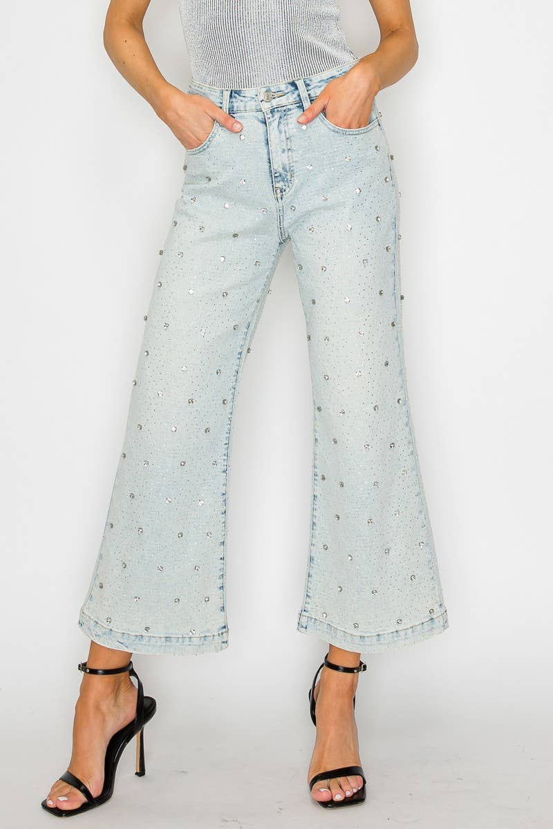 ARTEMIS VINTAGE - Vendita all'ingrosso Jeans - Donna - JEANS PALAZZO CORTI A VITA ALTA CON GIOIELLI APPLICATI0