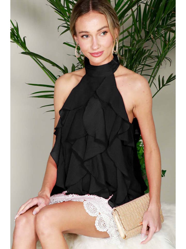 Vine & Love - Wholesale Blouse - Women's - Halter Neck Sleeveless Ruffle Detail Blouse Top VT81971