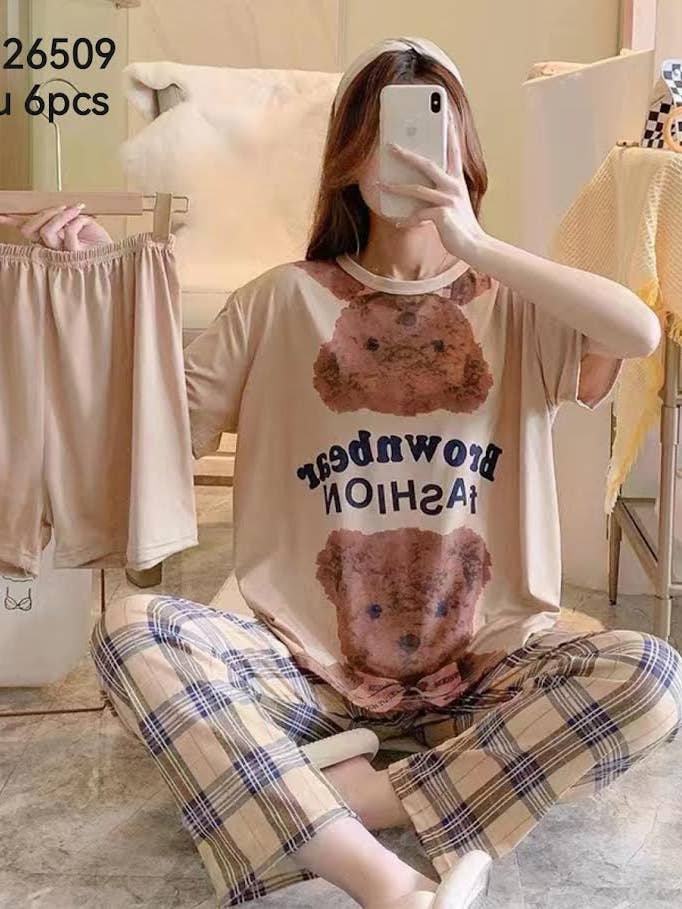 Geruit 3-delig pyjama set met bruine beer/N26509 voor wholesale door Belle Com'Elle