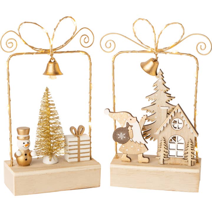 A35621: 2 Asst wire tblpc,Santa&snwmn,wd bse,wht&gld,LED,7in for wholesale by Silver Tree Home & Holiday