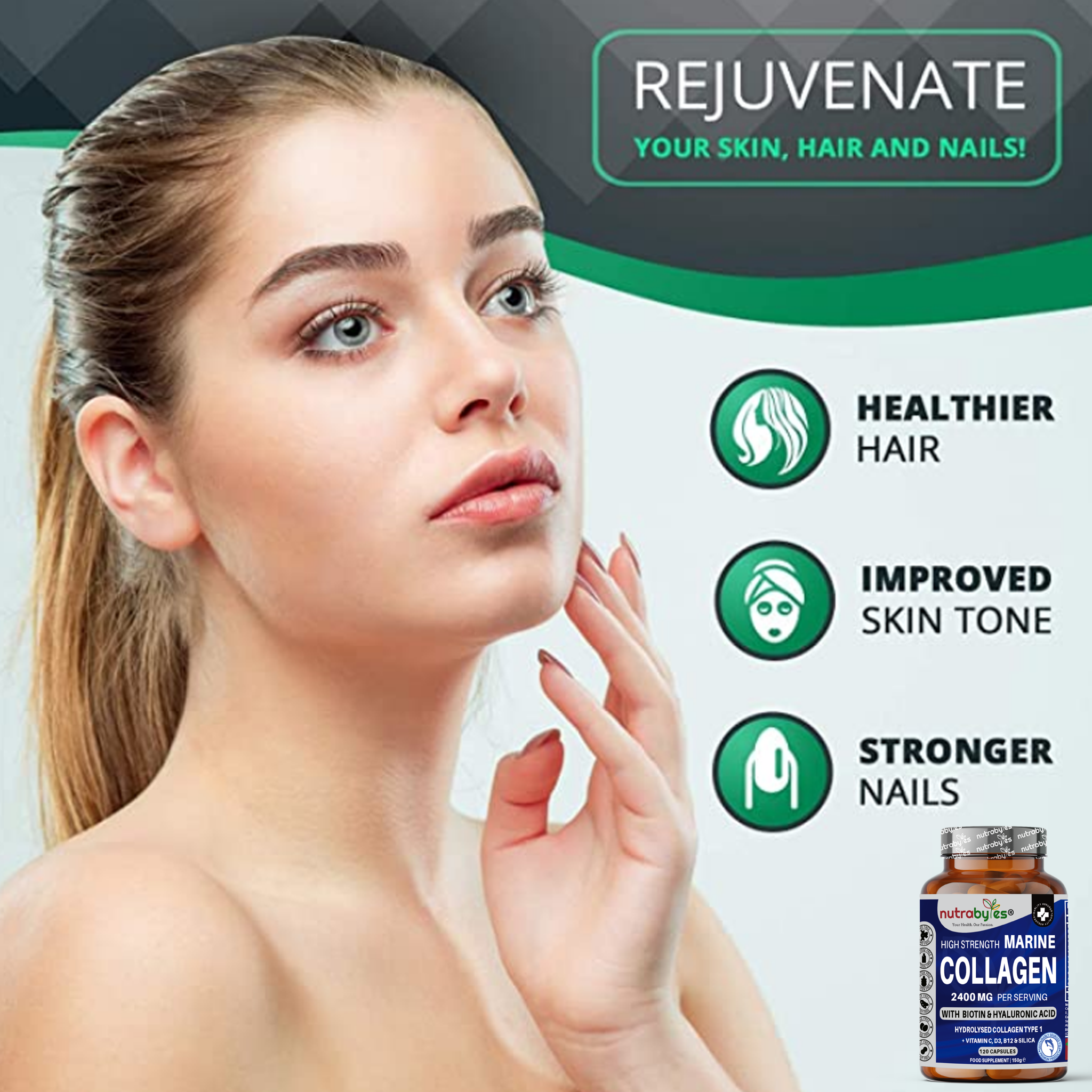 NUTRABYTES - Vendita all'ingrosso Vitamine/integratori orali - Integratore di Collagene Marino ad Alta Resistenza per donne e uomini (120 Capsule) | 2400 mg di Peptidi di Proteine di Collagene Marino Idrolizzato | Collagene Tipo 1 | Arricchito con Acido Ialuronico, Biotina, Silice, Vitamina C, D3, B6 e B12 | Prodotto nel Regno Unito6