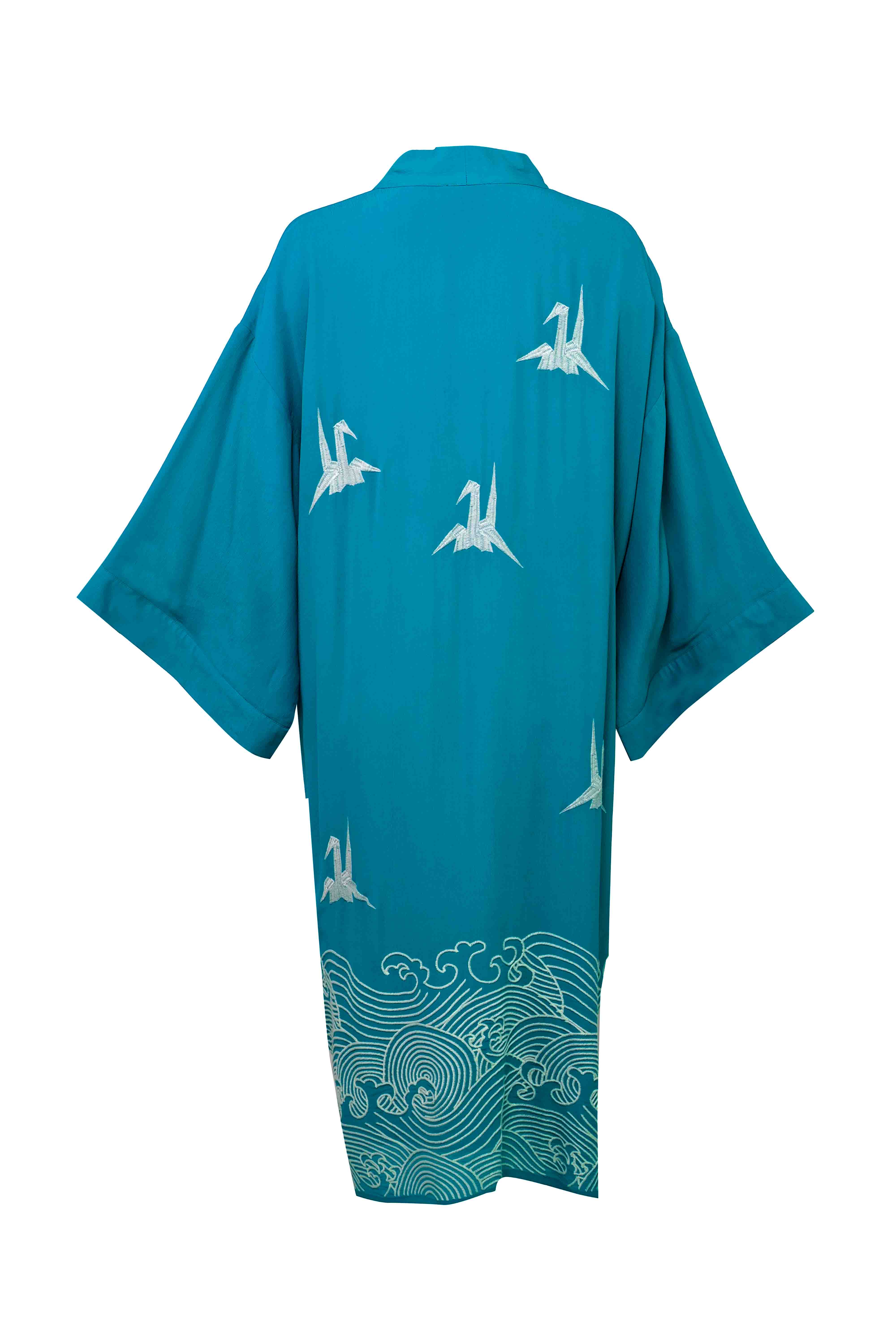 Artemis Muse – wholesale Kimono – Women's – Origami & Hokusai Wave Embroidered Fully Lined Deep Teal Long Kimono10