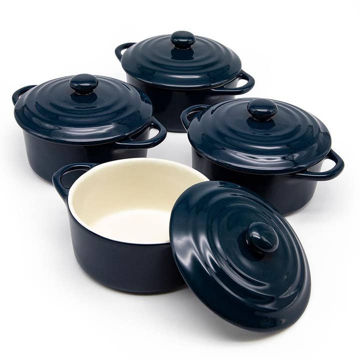 Kook - Wholesale Baking Dish - Kook Mini Casserole Dishes & Lids, Ceramic, 12 oz, Set of 4