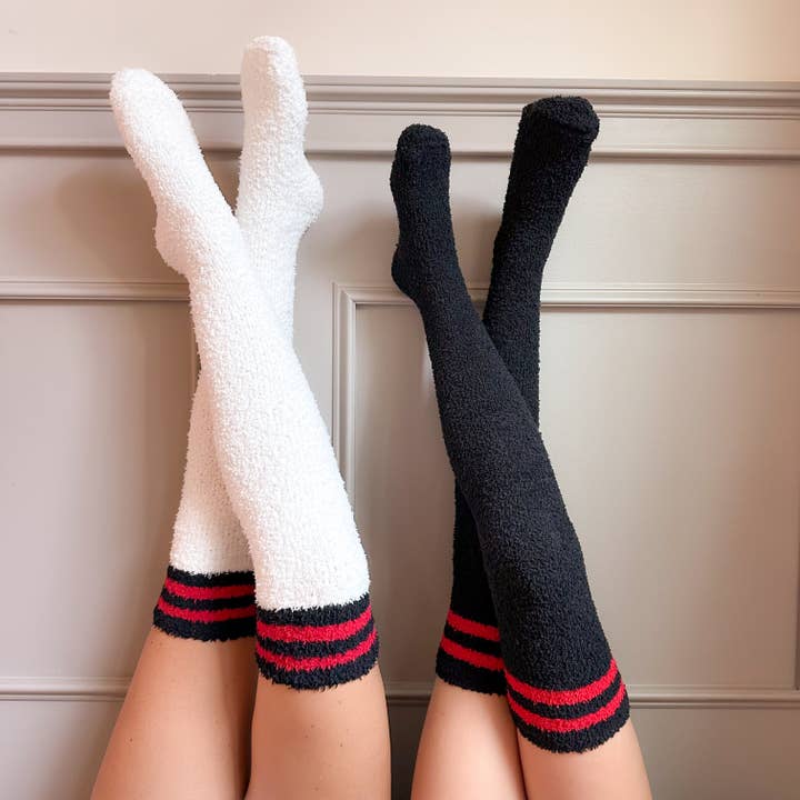 "Viral OTK Loungers" 2-Pack In B&W & Red (Fluffy Socks) for wholesale by Sunrise Collective
