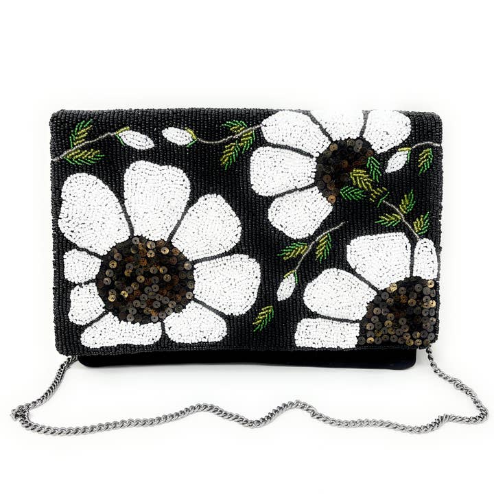 Twine and Love - Wholesale Clutch bag – women's - White Black Poppy Beaded Sequin Clutch Purse1