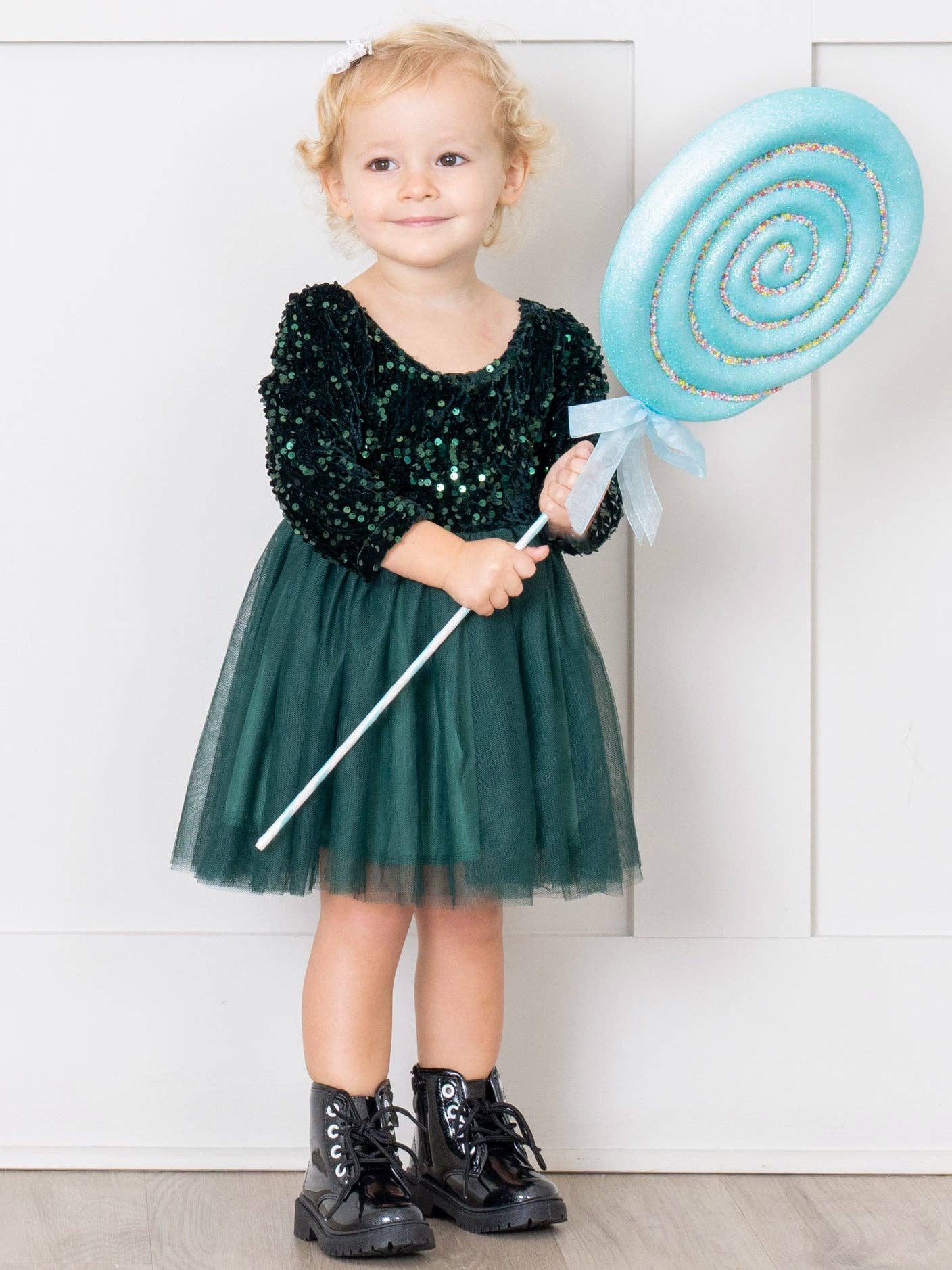 Marie Nicole Clothing - Wholesale Dress - Kids - Emerald Sparkle Party Long Sleeve Tulle Dress4