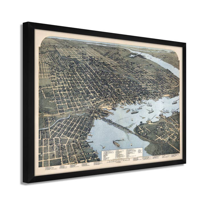 1893 Jacksonville Florida Map - Framed Vintage Jacksonville - History Map of Jacksonville FL - Old Bird's Eye View Map of Jacksonville FL Wall Art Poster for wholesale by Historic Prints