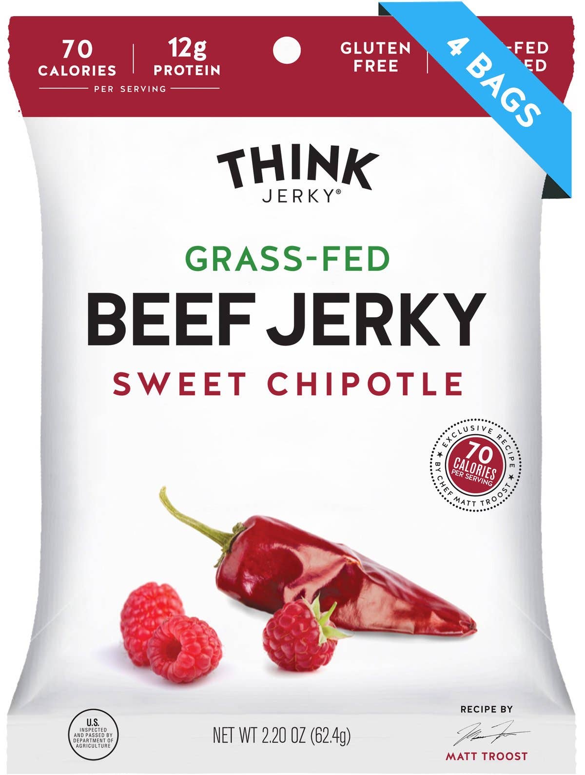 Think Jerky - Wholesale Jerky - Sweet Chipotle 100% Grass-Fed Beef Jerky, 2.2oz2