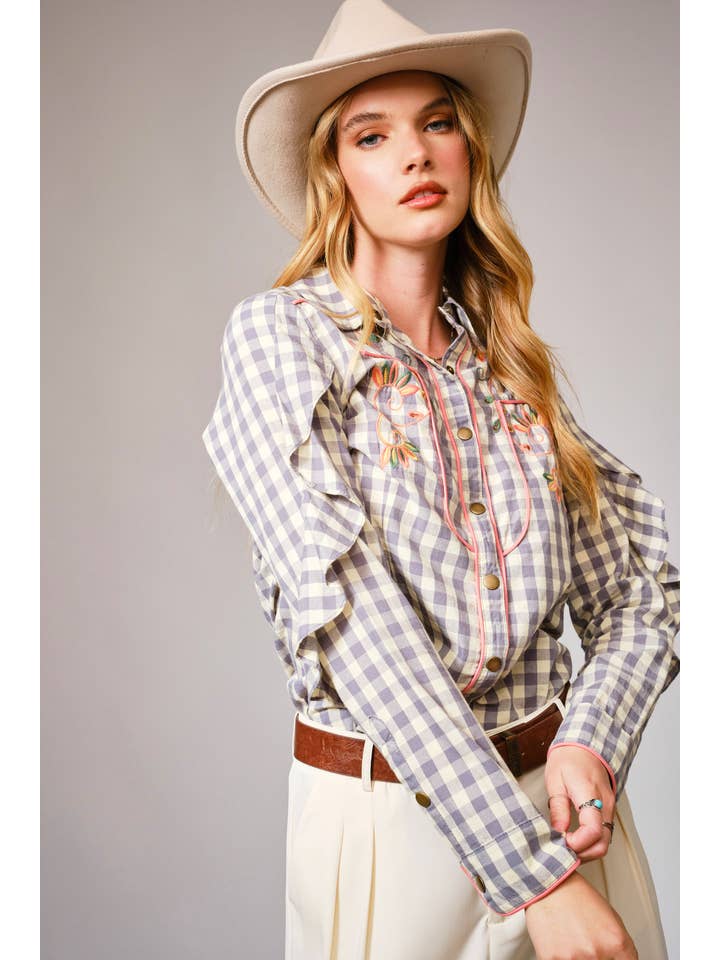 GREY 23566T - Gingham Embroidered Western Snap Blouse for wholesale on Faire