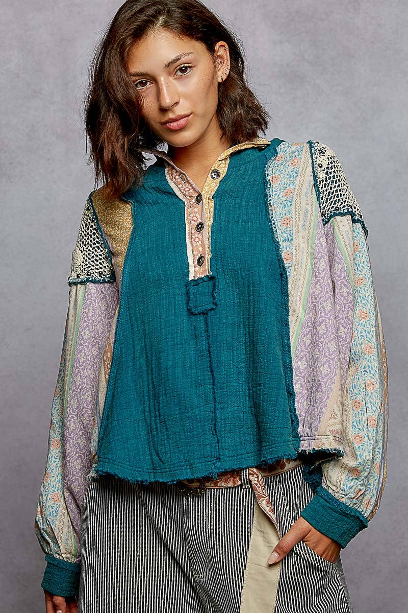 Pol Clothing - Vente Sweat à capuche – femme - Haut à capuche à manches longues avec col montant en double gaze et clous contrastants15