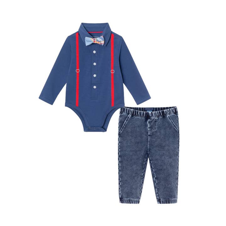 Marina Militare Set Shirtzie® con bretelle per neonato e pantaloni in spugna di jeans sintetico in 2 pezzi | Navy in vendita all'ingrosso su Faire