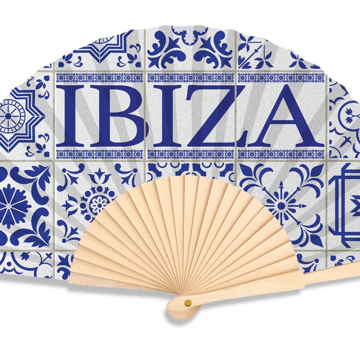 Leque Estampado com Azulejos de Ibiza de 23 cm por atacado de Fantastico Fans