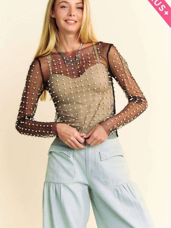 Davi & Dani - Wholesale Tank Top - Women's - PLUS BEAD PEARL EMBELLISHED LONG SLEEVES MESH TOP1