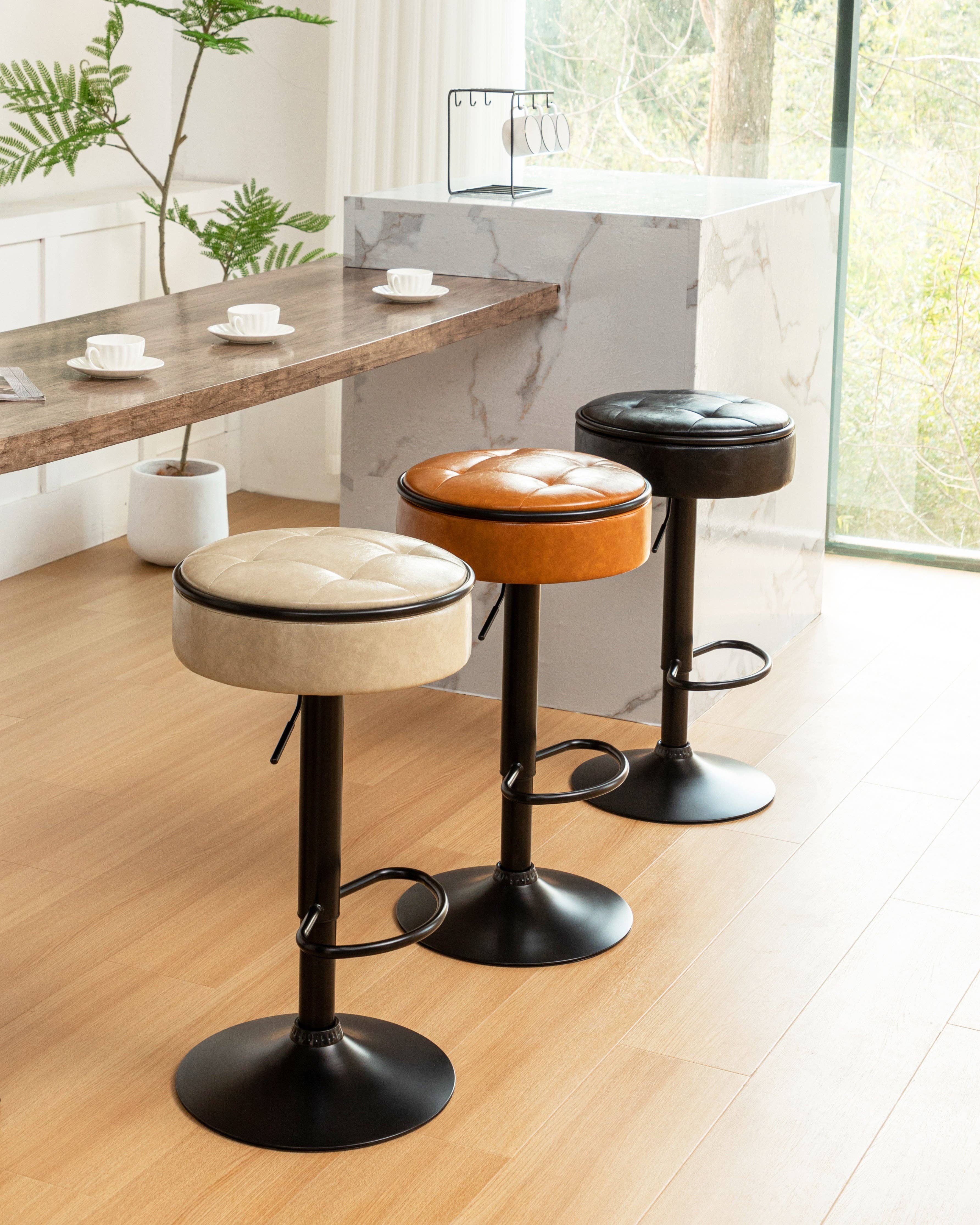 Orange County Decor - Wholesale Stool - Round Storage Bar Stool Set Of 2, Khaki Faux Leather Height Adjustable Barstool, 360 Counter Height Swivel Stool, Armless Bar Chair With Metal Frame For Kitchen Counter Dining Living Room Khaki Set3