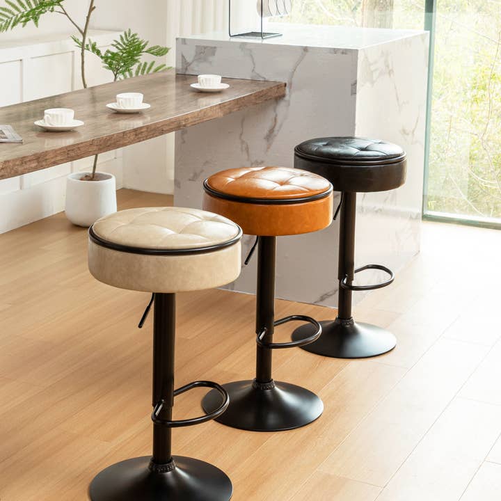 Orange County Decor - Wholesale Stool - Round Storage Bar Stool Set Of 2, Khaki Faux Leather Height Adjustable Barstool, 360 Counter Height Swivel Stool, Armless Bar Chair With Metal Frame For Kitchen Counter Dining Living Room Khaki Set3