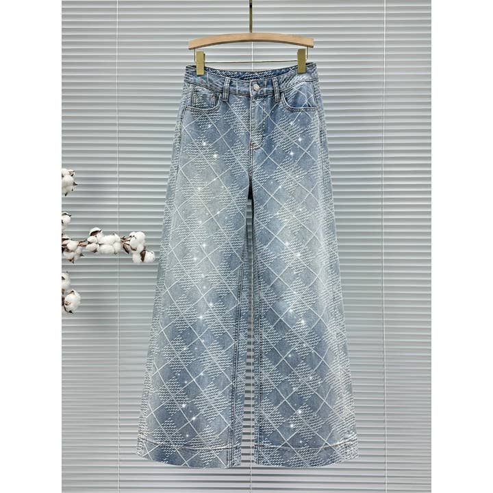 SY551 Håndlavede Rhinestone Printede Brede Ben Denim Bukser for engroshandel hos Sanyao Fashion
