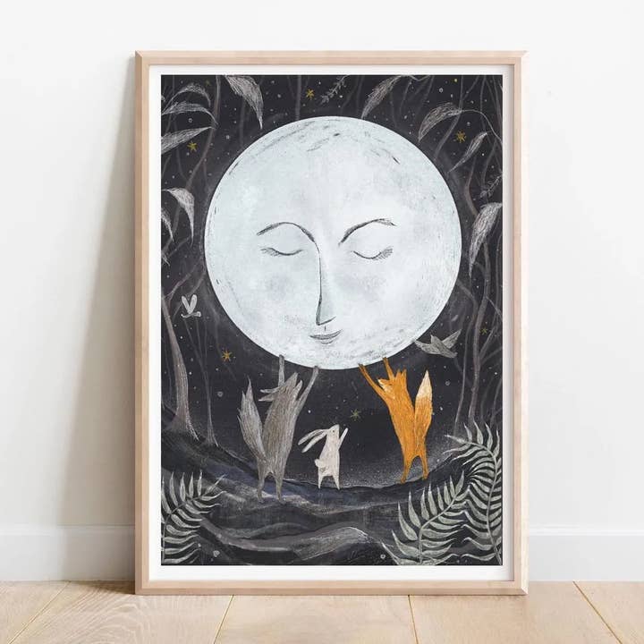 Månen och Vänner Förskola Tryck: Drömsk Djurillustration för wholesale av Helen Drake Illustration