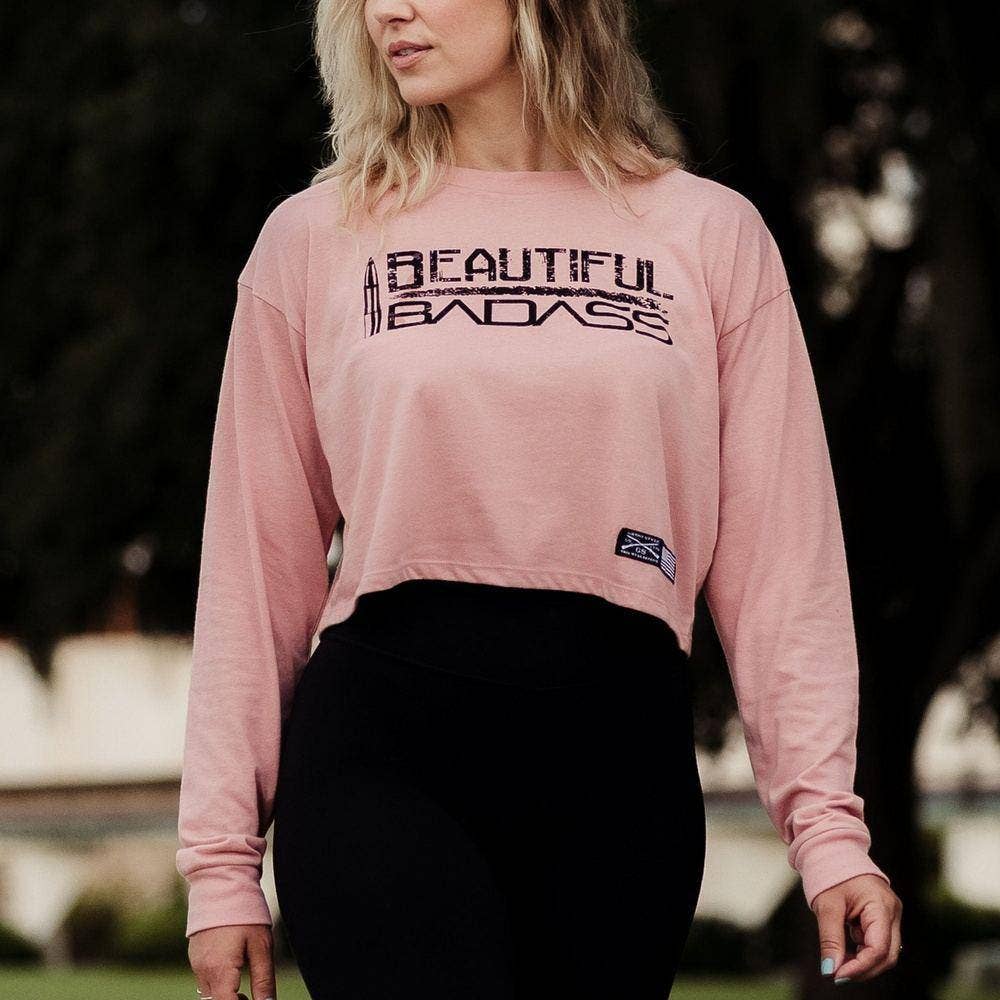 Grunt Style - Wholesale Screen Printed T-Shirt - Women's - Women's Beautiful Badass Long Sleeve Cropped T-Shirt - Desert Pink3