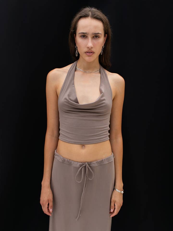 Zoey Top Halter Neck Cropped Knit Top Sable Viscose Spandex for wholesale by TROIS