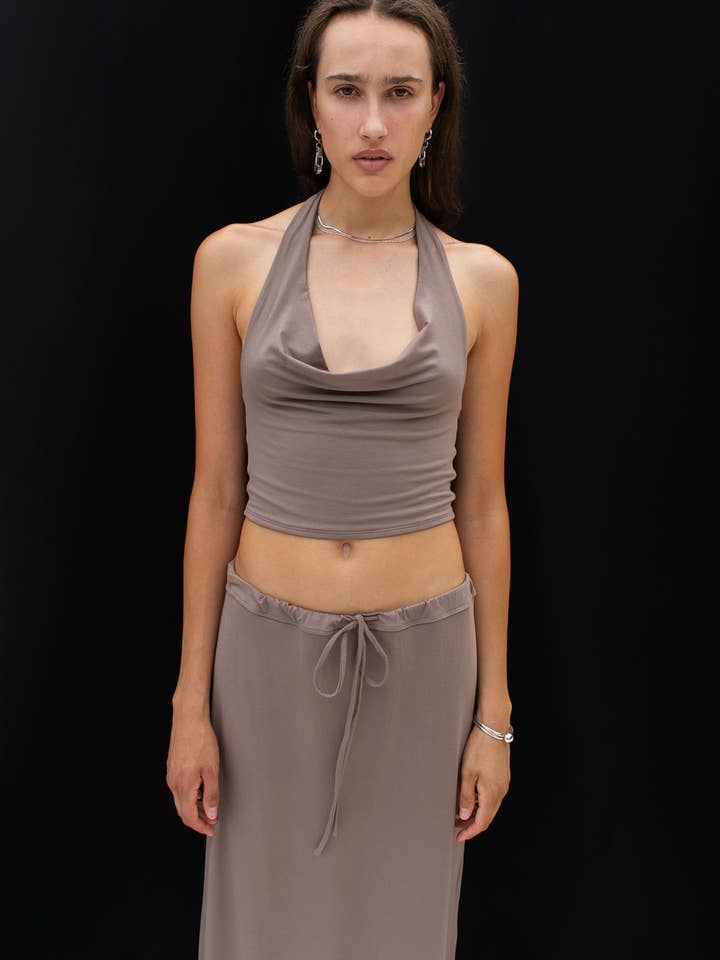 Zoey Top Halter Neck Cropped Knit Top Sable Viscose Spandex for wholesale on Faire