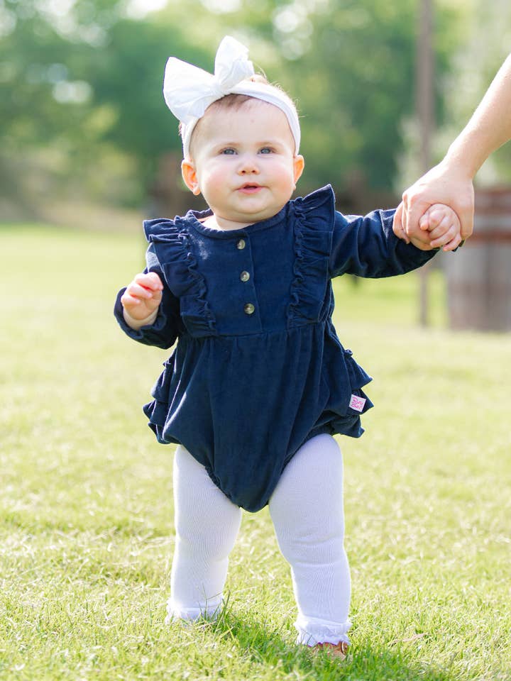 Blue Baby Girls Dark Navy Stretch Corduroy Waterfall Bubble Romper
for wholesale on Faire2