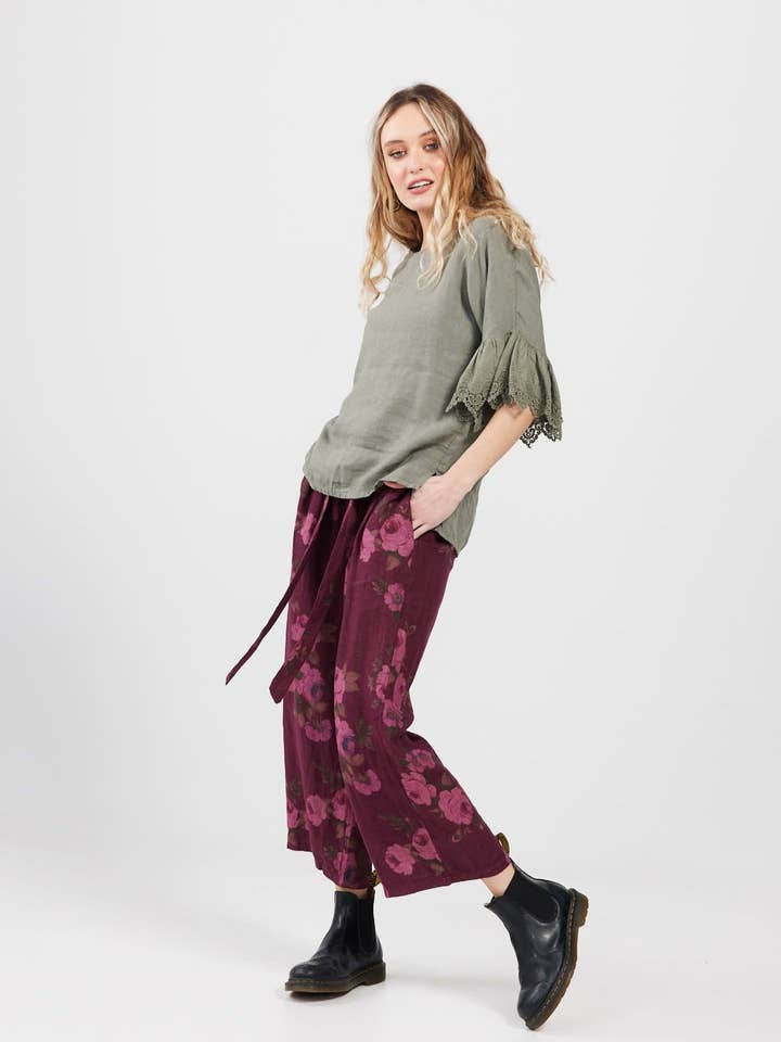 Eva Floral linen pants. Bordeaux Rose for wholesale by Miss Rose Sister Violet Australia