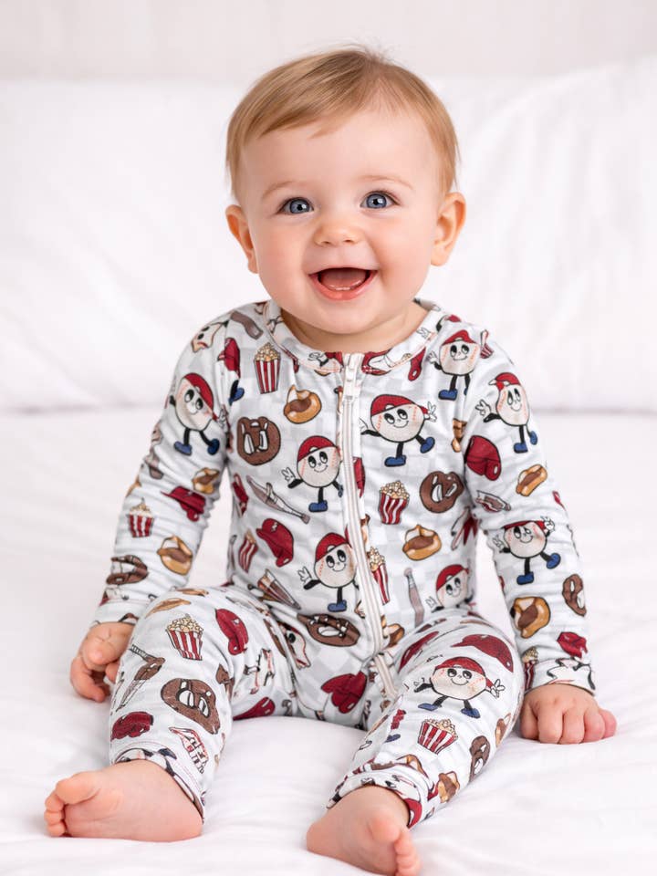 Bamboo Zipper Footie, Baseball for wholesale by Miller & Co.