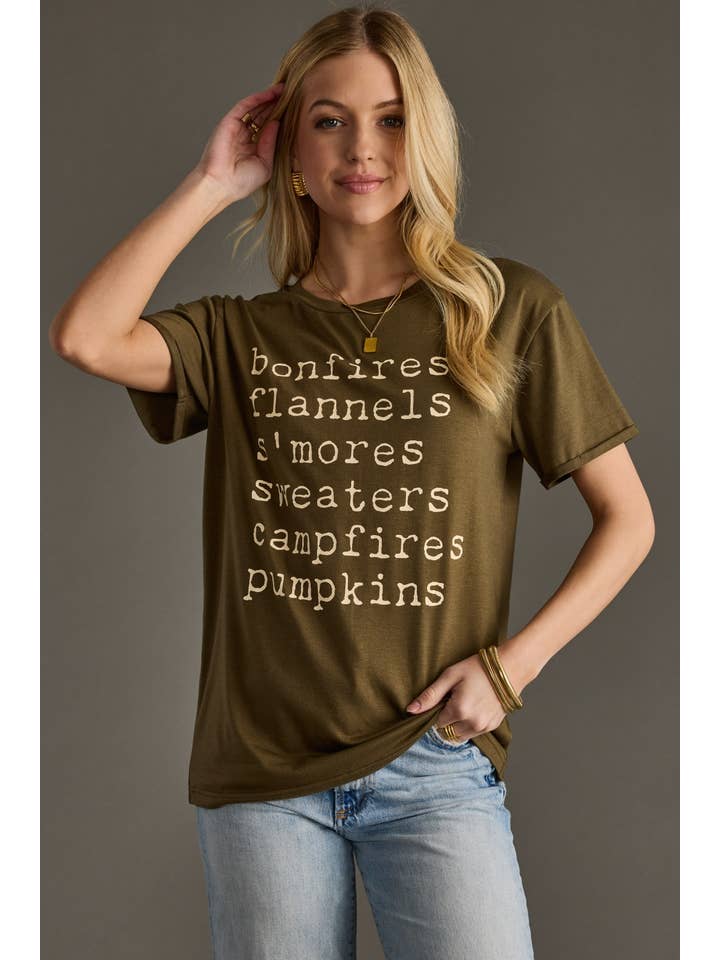 Panache Apparel Co. - Wholesale Screen Printed T-Shirt - Women's - Bonfires, Flannels, S'mores Tee - Olive2