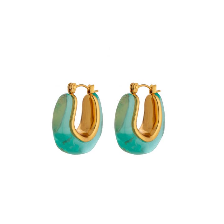 Statement Turquoise Glass Gold Stainless Steel Hoop EA-0342 for wholesale by Simply Jewels