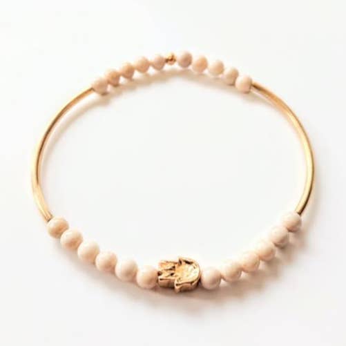 Sigalie Jewelry - Wholesale Beaded Bracelet - Ivory Riverstone and Hamsa Curved Bar Stretch Bracelet0