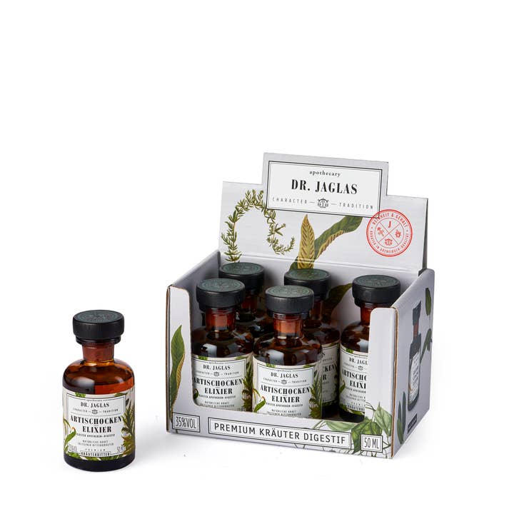 Dr. Jaglas – Großhandel Likör – Artischocken-Elixier Likör, Set 6x50ml Miniaturen, vegan
