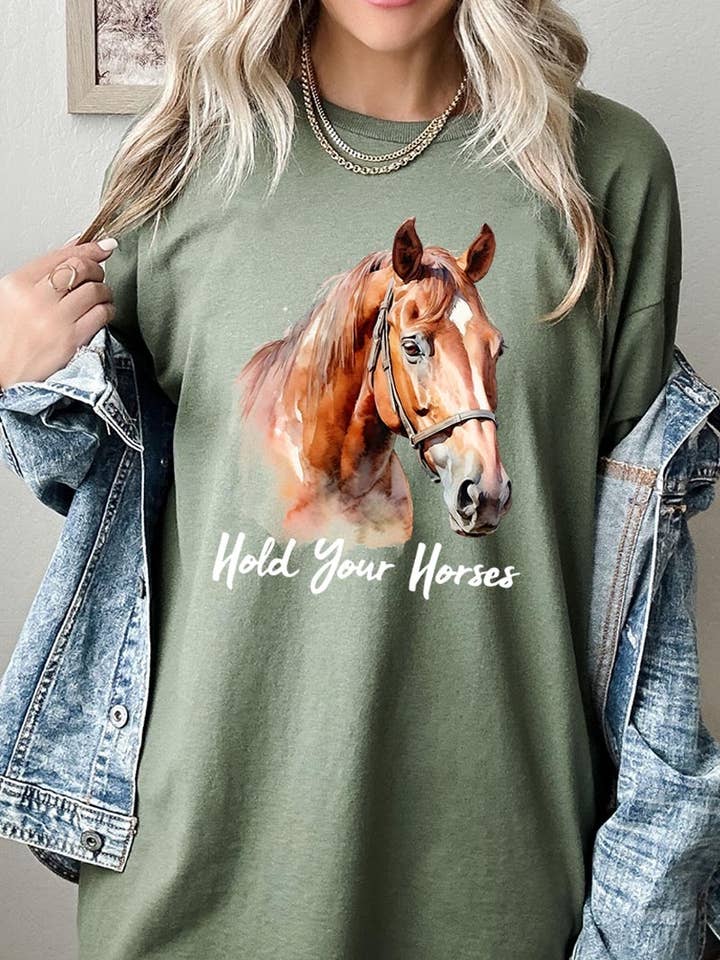 Håll i hästarna grafisk tung bomulls-t-shirt för wholesale av COLORBEAR