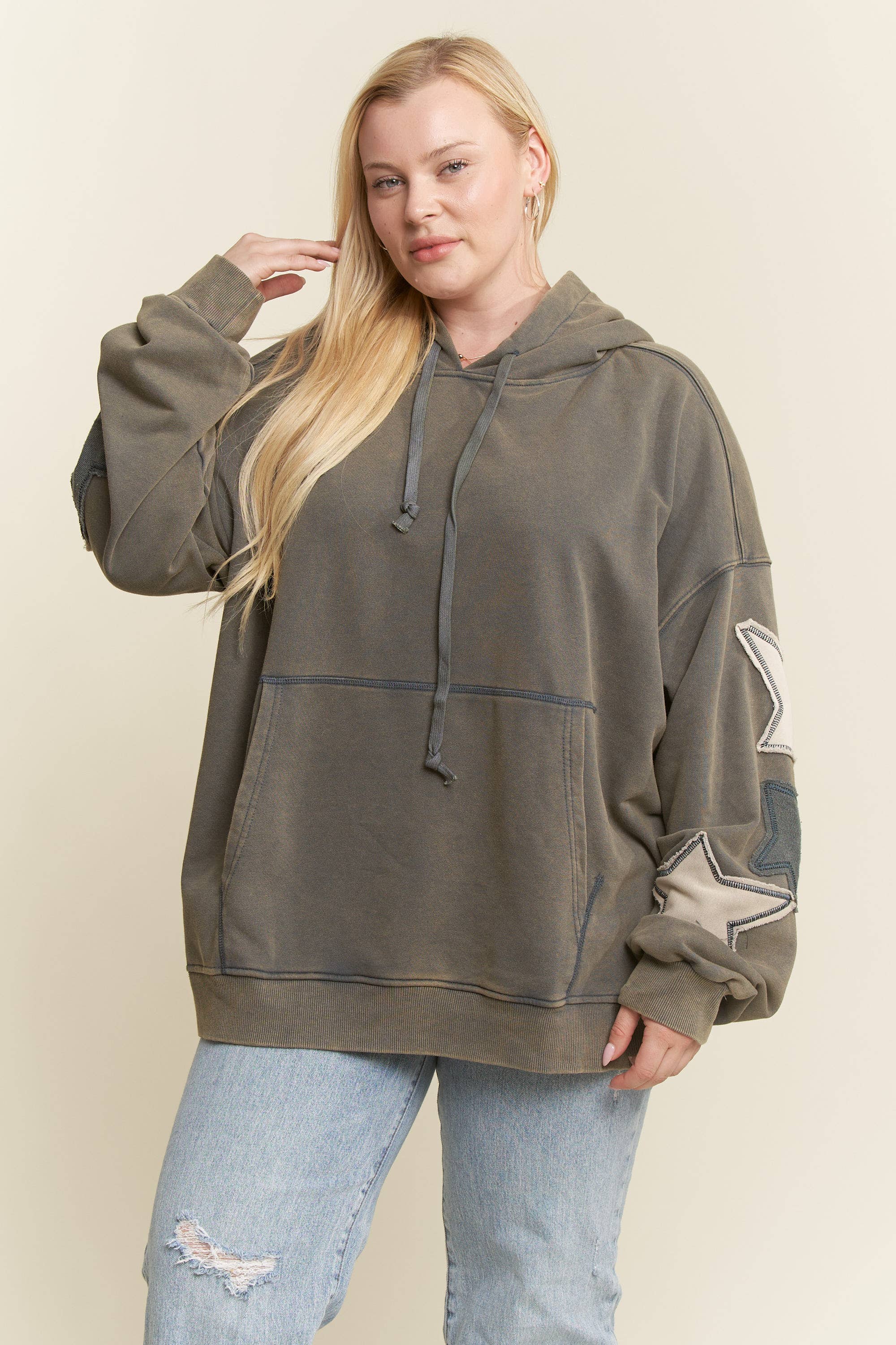 JADE BY JANE PLUS - Wholesale Hoodie - Dames - PLUS SIZE MINERAAL GEWASSEN LANGEMOUWEN STER GEPATCHTE HOODIE7