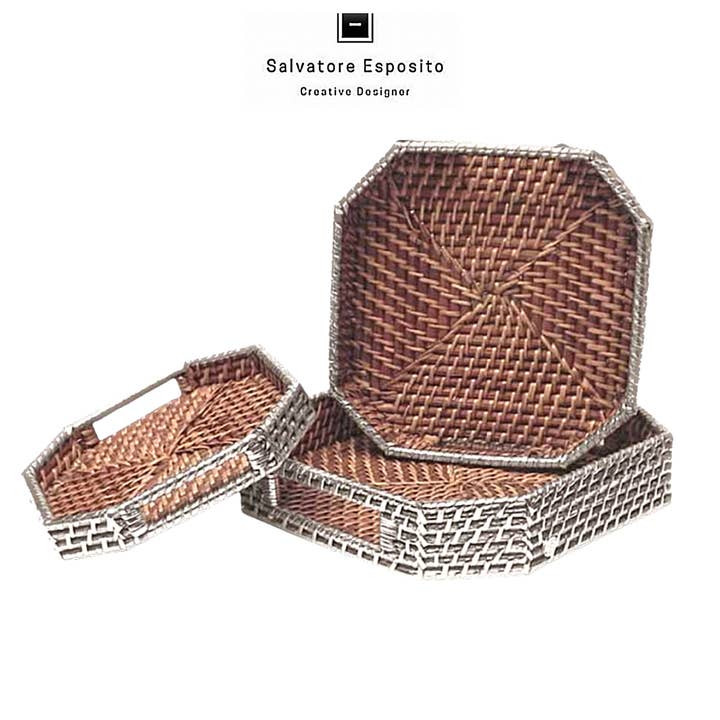 Varenr.82042 Sæt med tre sølv rattan opbevaringsbakker for engroshandel hos I Gioielli del Mare di Salvatore Esposito