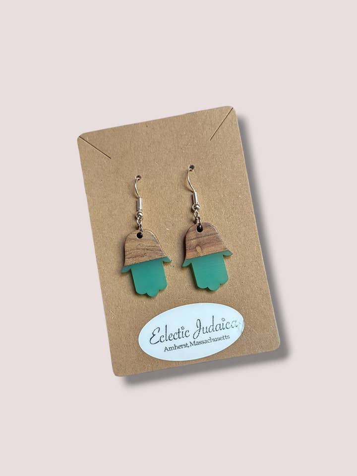 Wood/ Resin Hamsa Earrings for wholesale by Eclectic Judaica