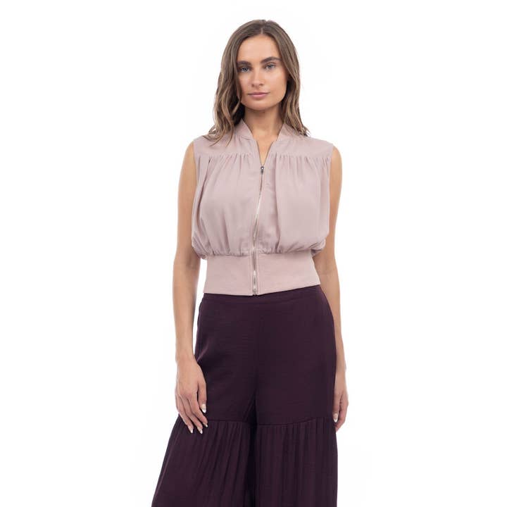 Rib Trim Neck Waist Top With Zipper Detail for wholesale by Naked Zebra Rack