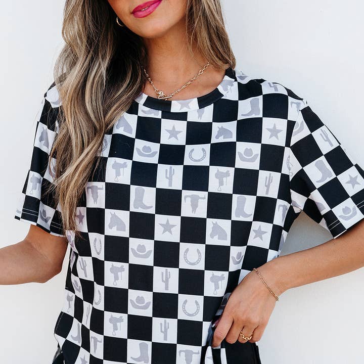 Black Western Fashion Checkerboard Print Side Split T Shirt and other Purchase Wholesale black shirts. Free Returns & Net 60 Terms on Faire trending on Faire.