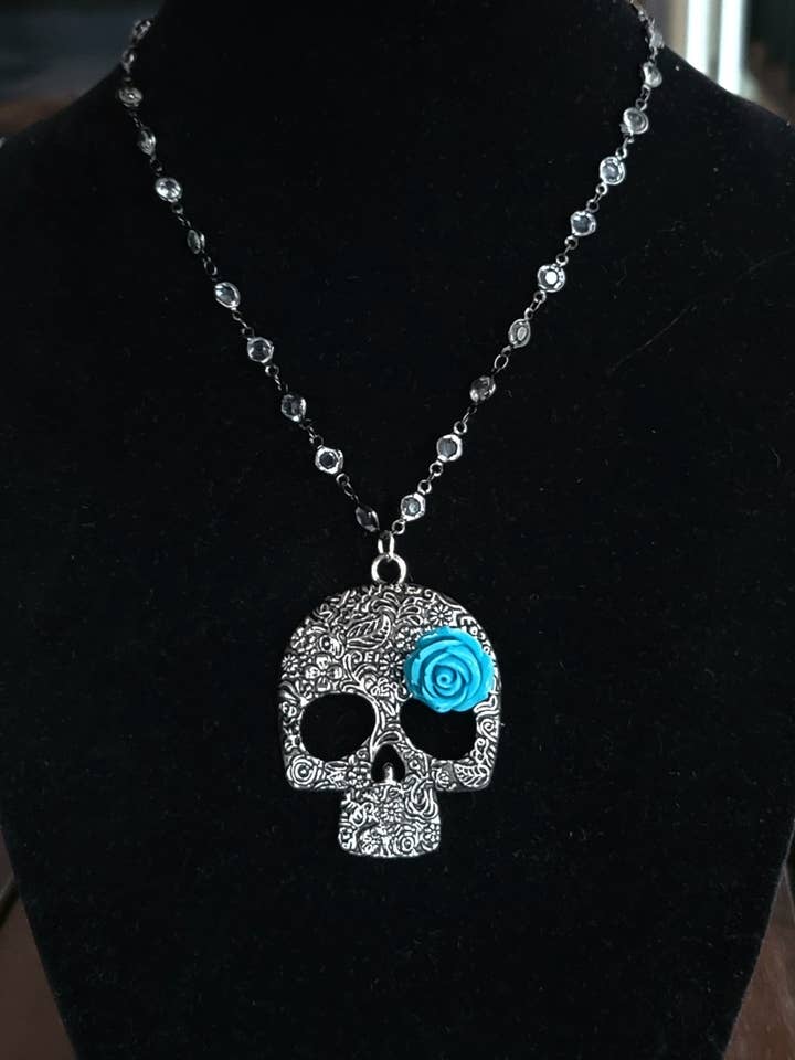 Sugar Skull blue rose, faceted crystal, black 18 inch chain for wholesale by Horse Spirit Studio