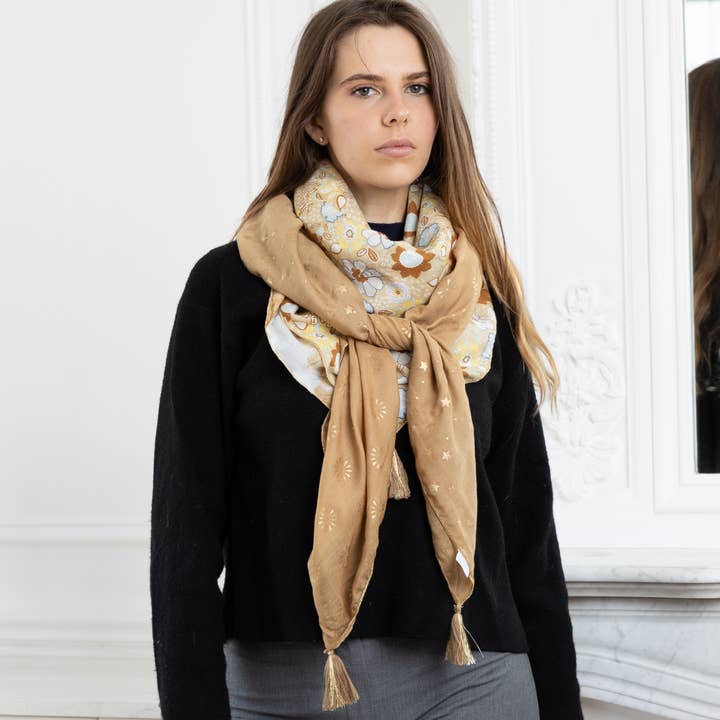 LINETA - Wholesale Scarf - Women's - GC-13 Large square patchwork scarf with tassel11