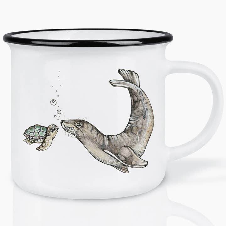 Caneca de cerâmica — encontro oceânico com tartaruga e leão-marinho por atacado de LIGARTI