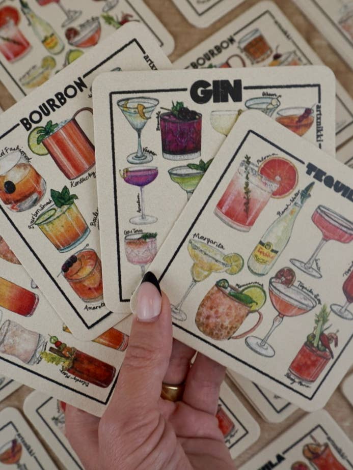 Classic Cocktail Variety Coaster Set of 4 (Bourbon, Gin, Vodka, Tequila) for wholesale by artxnikki