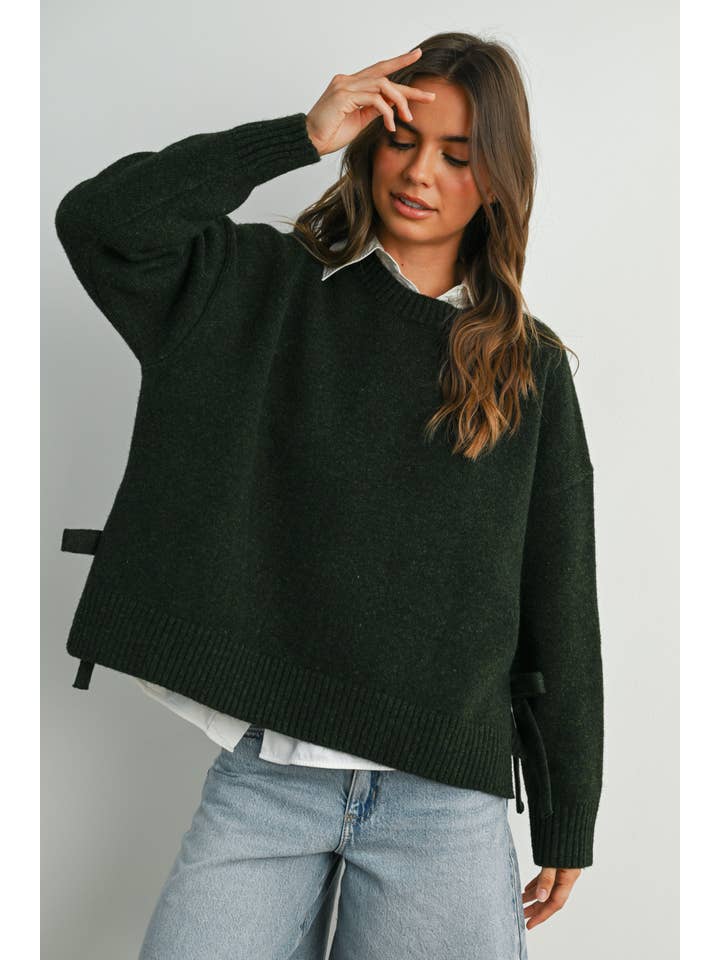 BUTTERMELON - Wholesale Sweatshirt - Women's - Tie Split-Hem Crewneck Long Sleeve Top - BMW790018