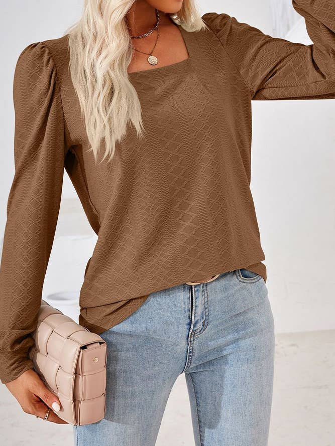 Comely Fashion - Wholesale Blouse - Women's - CF-HLL106 Square Neck Solid Jacquard Tshirt Long Sleeves Top16