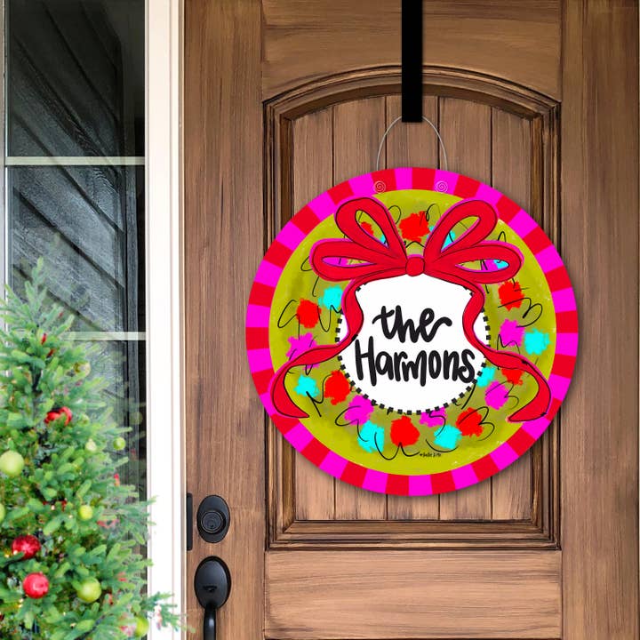 Baxter & Me - Wholesale Door Hanger - Personalized Pink and Red Checkered Wreath Door Hanger
