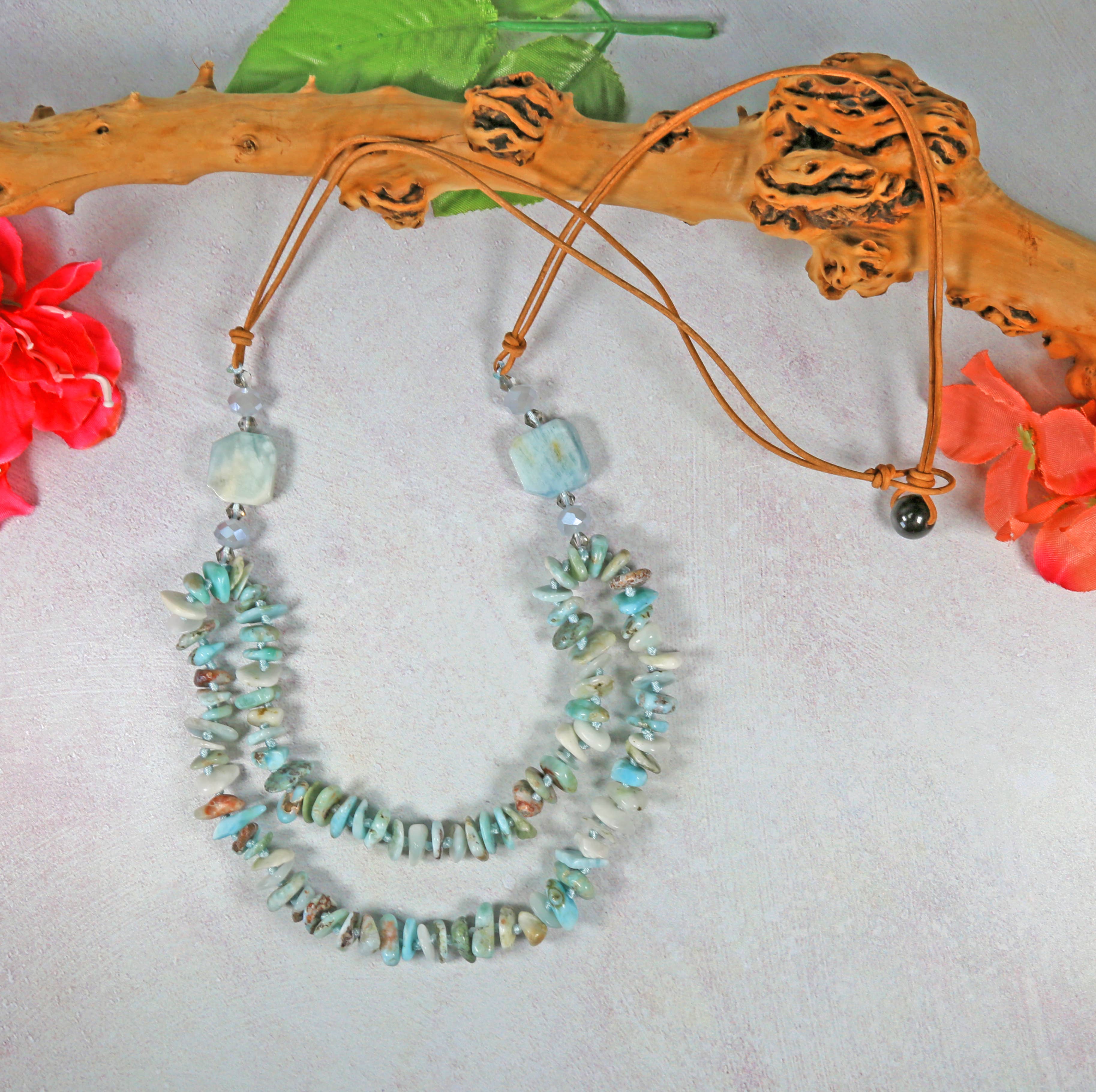 IST Jewelry – Engroshandel Perlehalskæde – Larimar og læder halskæde.1