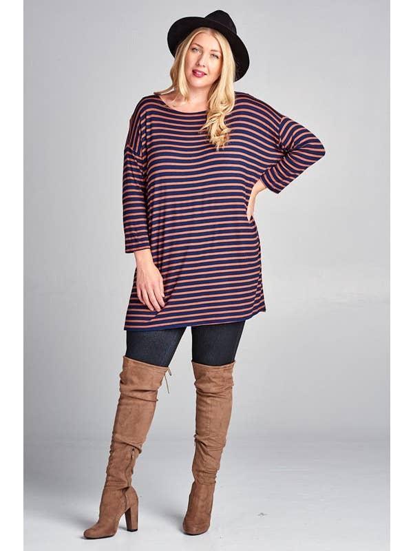 Emerald Collection - Wholesale Tunic - Women's - ETK-4257-PL Plus Size Nautical Striped Oversize Tunic Top